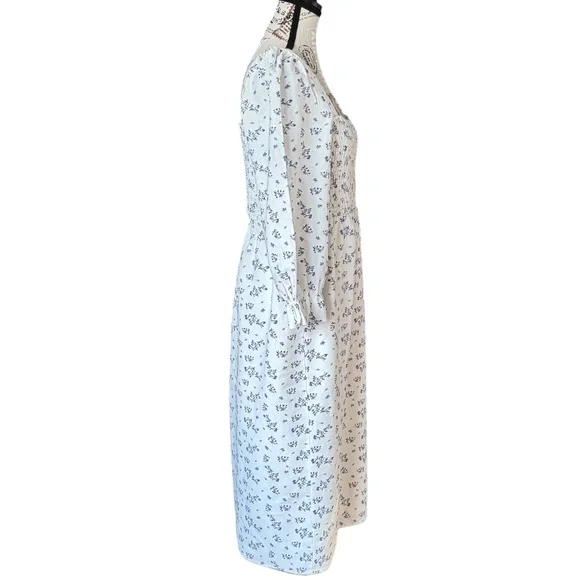 HOUSE OF HARLOW 1960 Smocked linen blend floral midi dress white blue size L - Picture 4 of 12